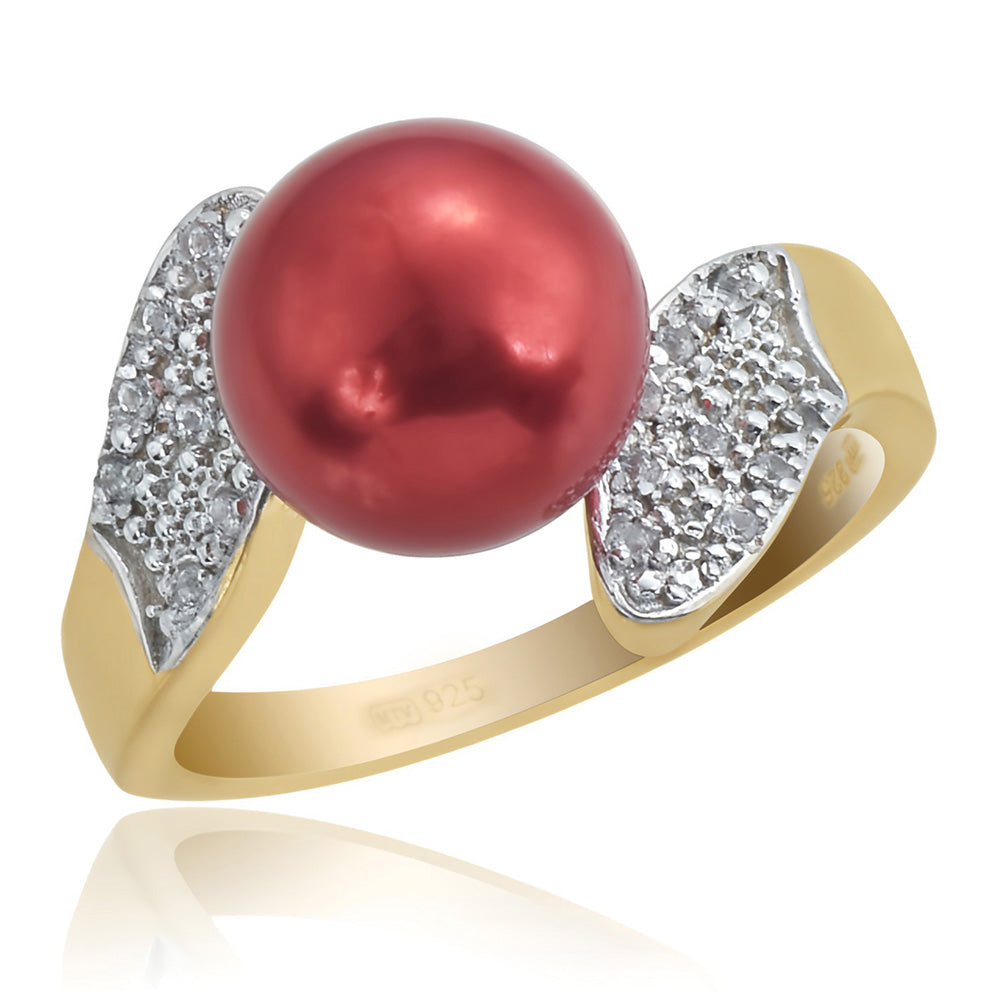 Anillo de Plata Bañada en Oro con Perla roja de río y Topacio Blanco 1 