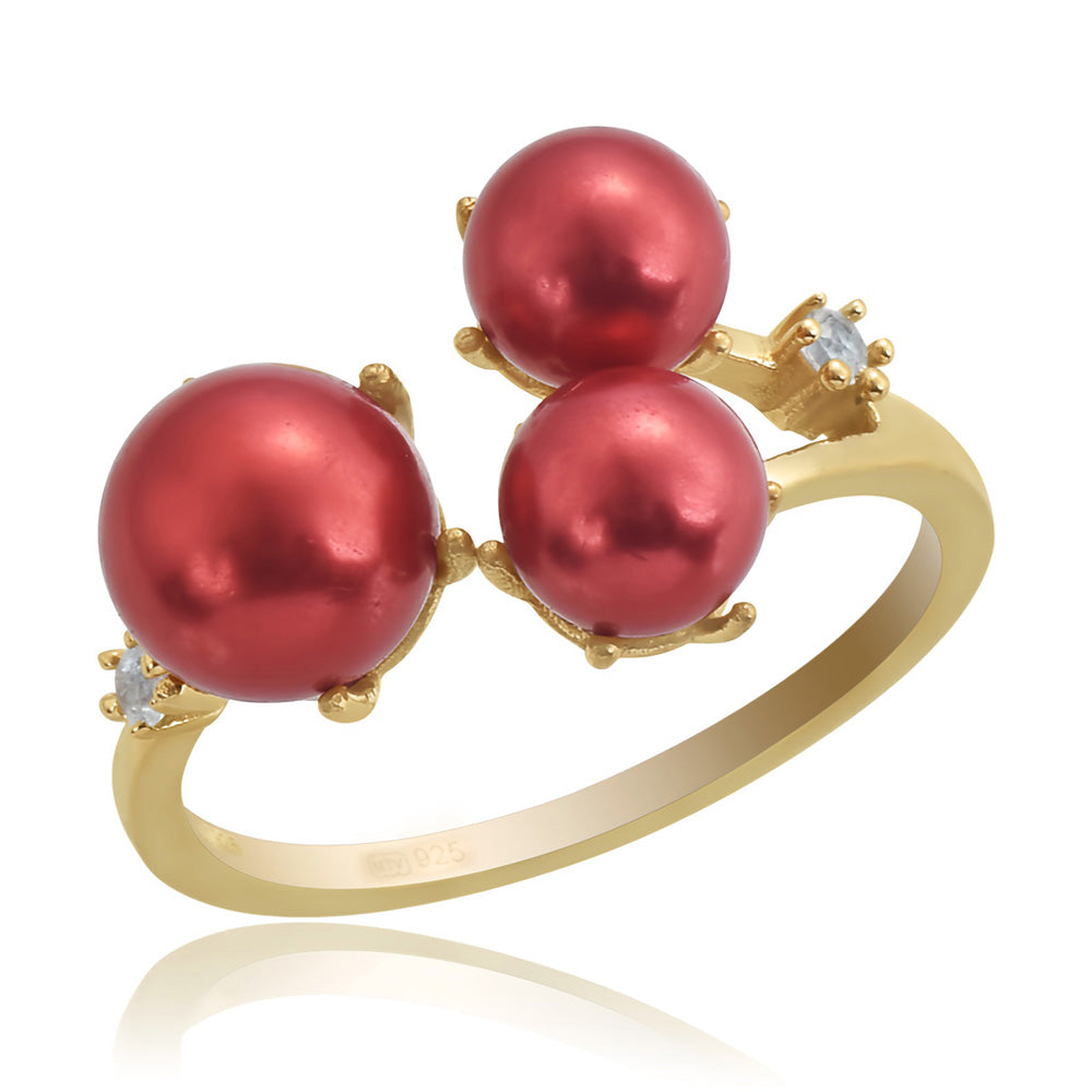 Anillo de Plata Bañada en Oro con Perla roja de río y Topacio Blanco 1 
