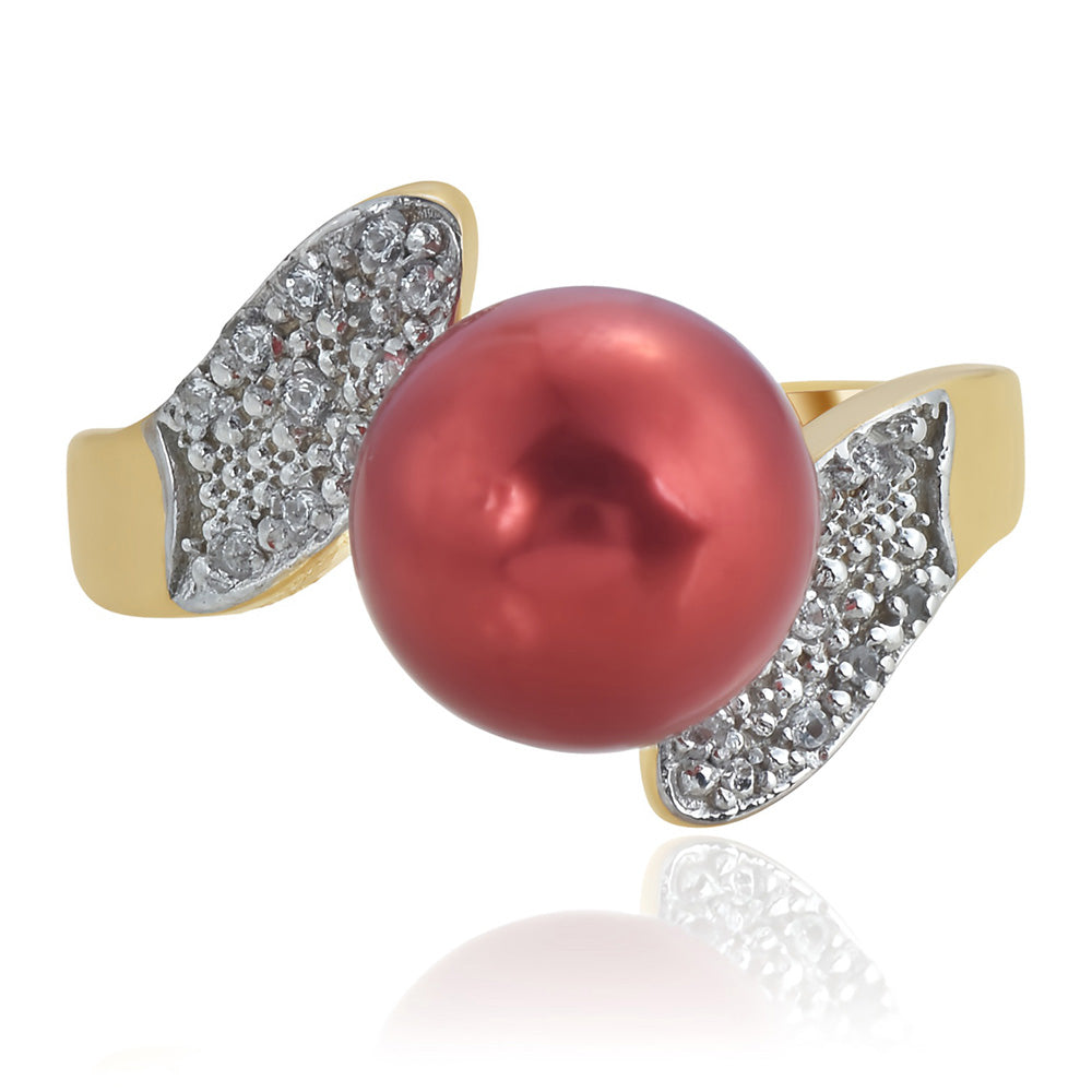 Anillo de Plata Bañada en Oro con Perla roja de río y Topacio Blanco 1 