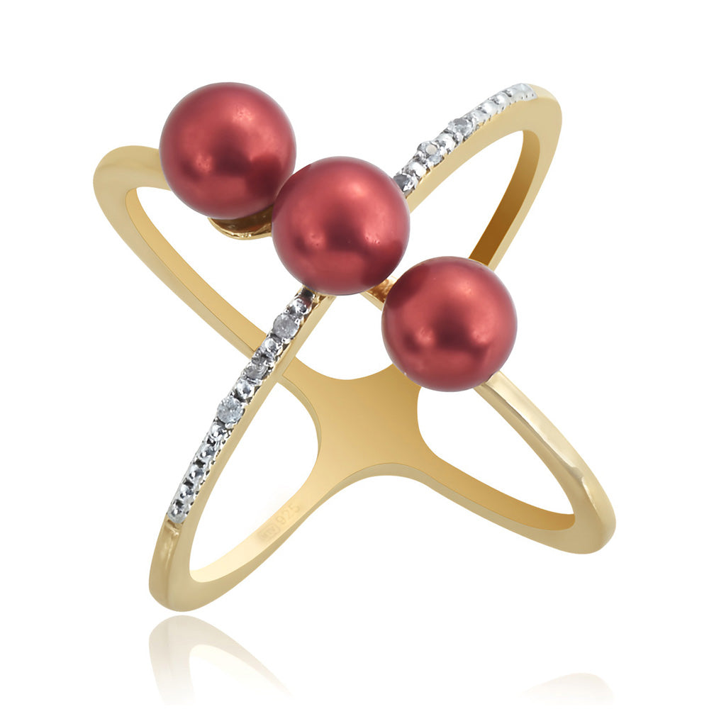 Anillo de Plata Bañada en Oro con Perla roja de río y Topacio Blanco 1 