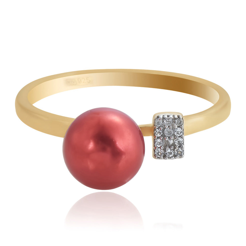 Anillo de Plata Bañada en Oro con Perla roja de río y Topacio Blanco 2 