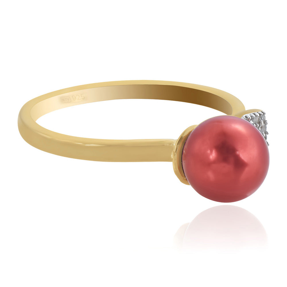 Anillo de Plata Bañada en Oro con Perla roja de río y Topacio Blanco 3 