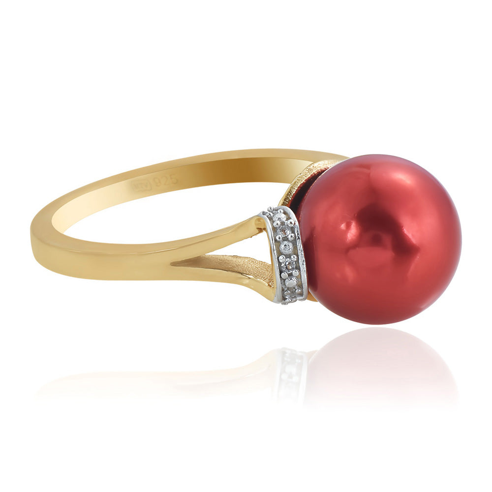Anillo de Plata Bañada en Oro con Perla roja de río y Topacio Blanco 3 