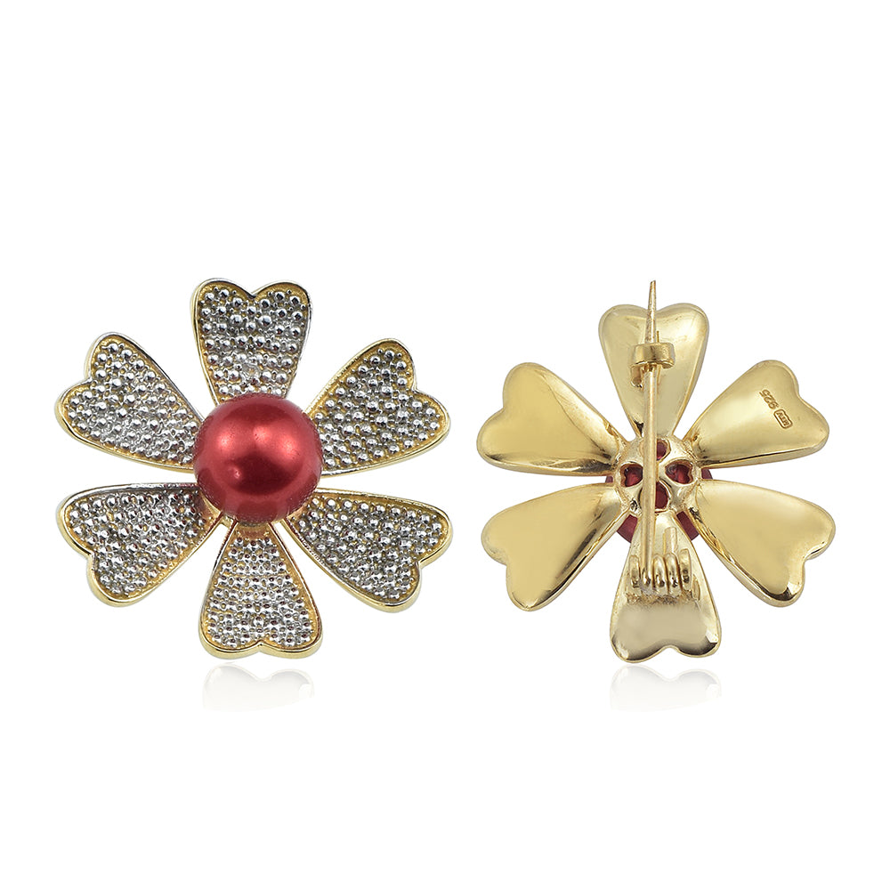 Broche de Plata Bañada en Oro con Perla roja de río y Topacio Blanco 3 