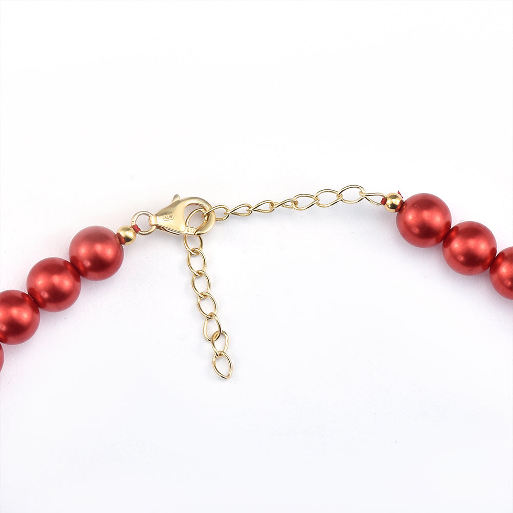Conjunto de Plata Bañada en Oro con Perla roja de río ( Collar +Pendientes +Pulsera ) 2 