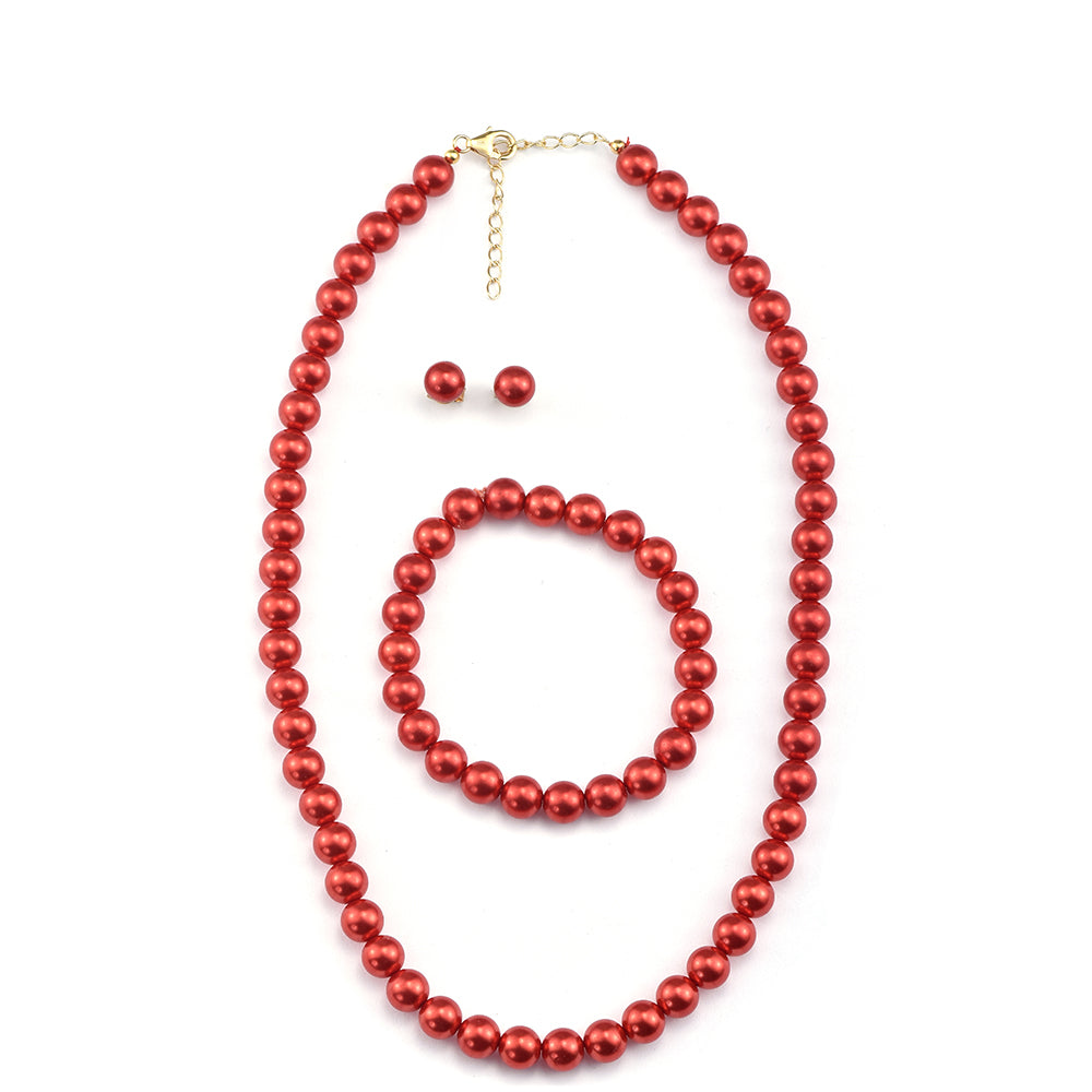 Conjunto de Plata Bañada en Oro con Perla roja de río ( Collar +Pendientes +Pulsera ) 1 