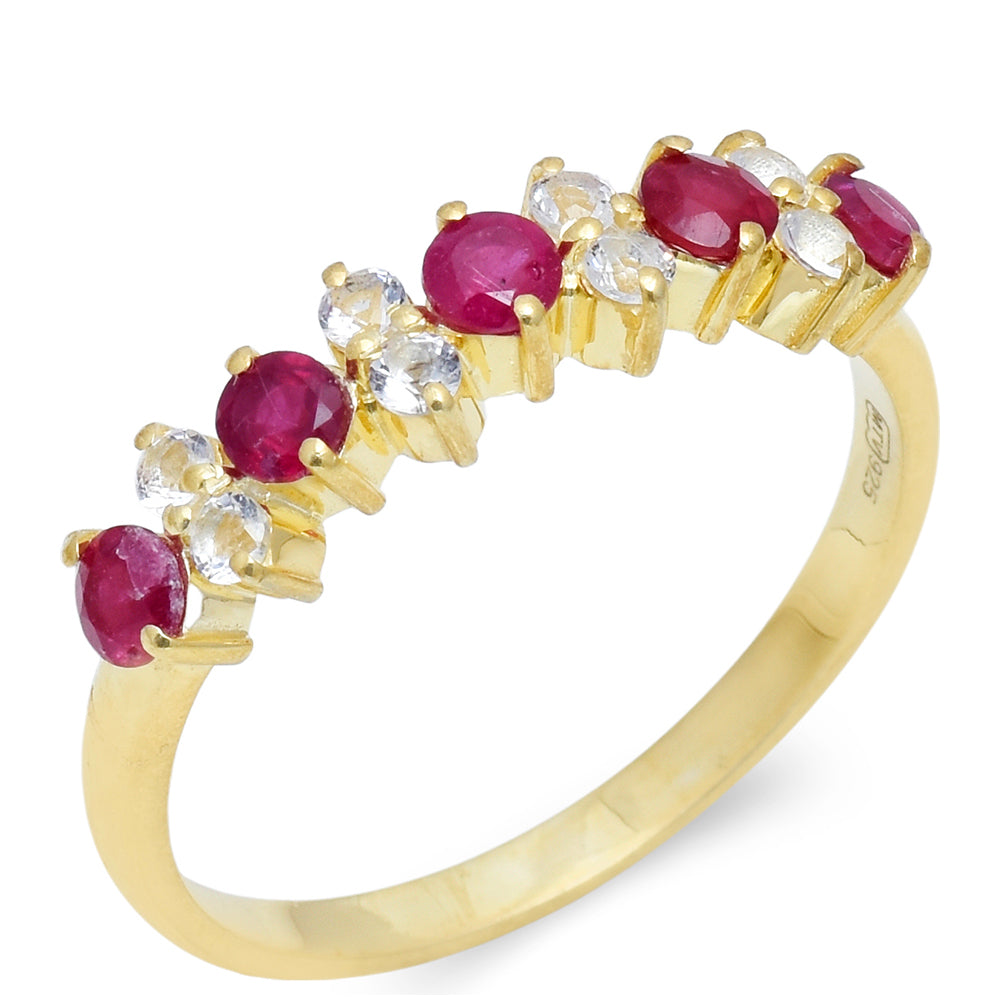 Anillo de Plata Bañada en Oro con Rubí de Madagascar y Topacio Blanco 1 