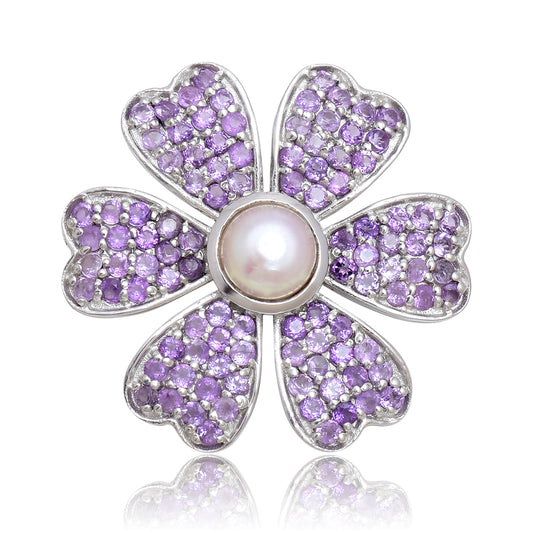 Broche de Plata con Amatista de Marruecos y Perla blanca de agua dulce