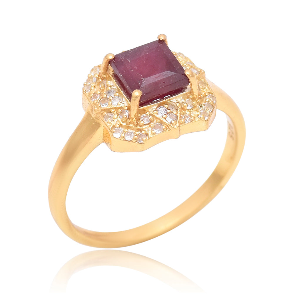 Anillo de Plata Bañada en Oro con Rubí de Madagascar y Topacio Blanco 1 