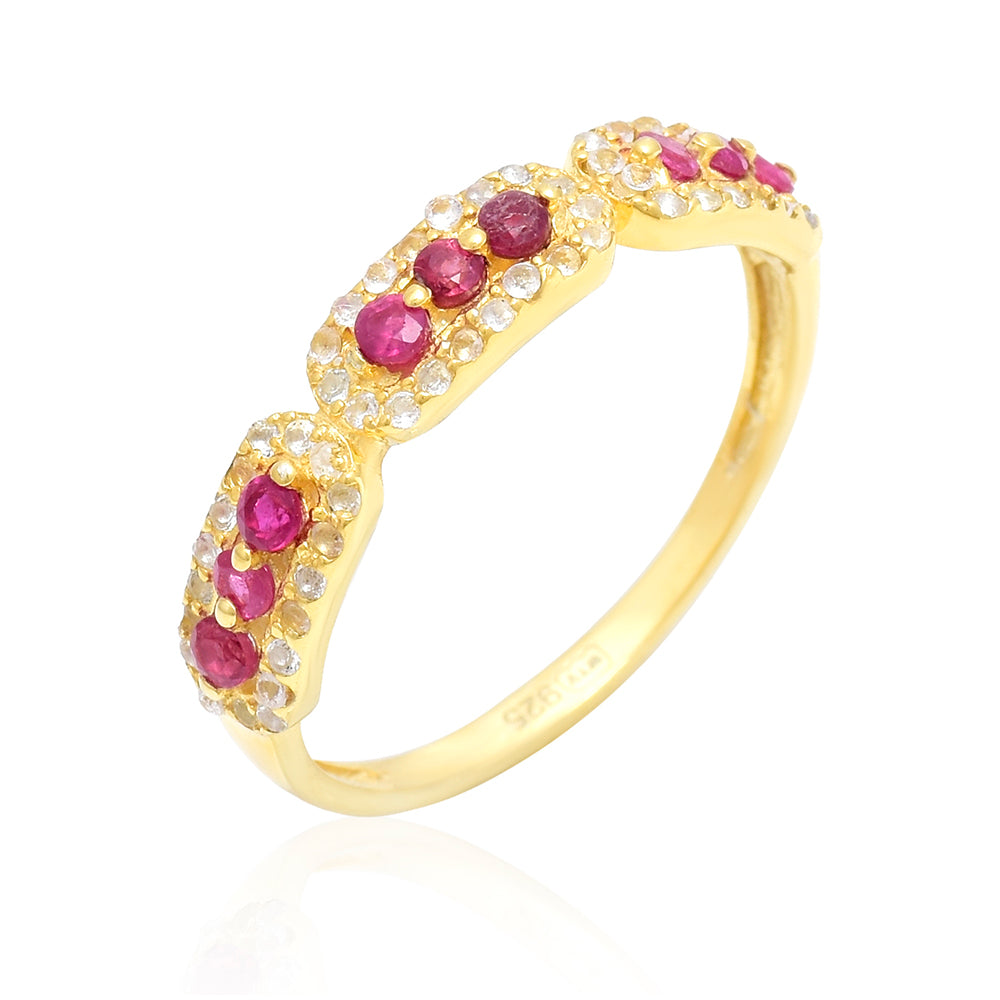 Anillo de Plata Bañada en Oro con Rubí de Madagascar y Topacio Blanco 4 