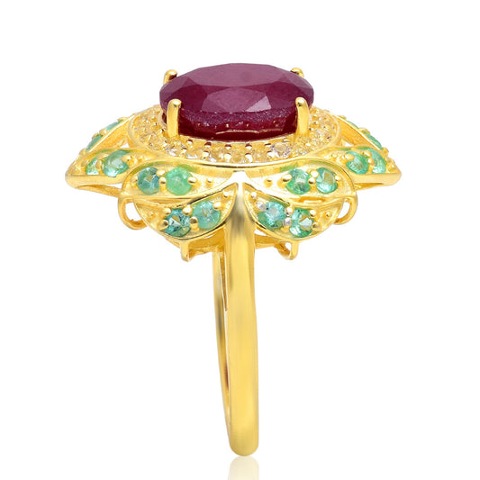 Anillo de Plata Bañada en Oro con Rubí de Madagascar y Esmeralda de Brasil