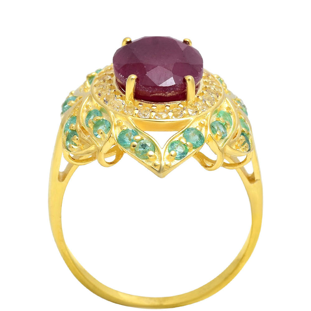 Anillo de Plata Bañada en Oro con Rubí de Madagascar y Esmeralda de Brasil 3 