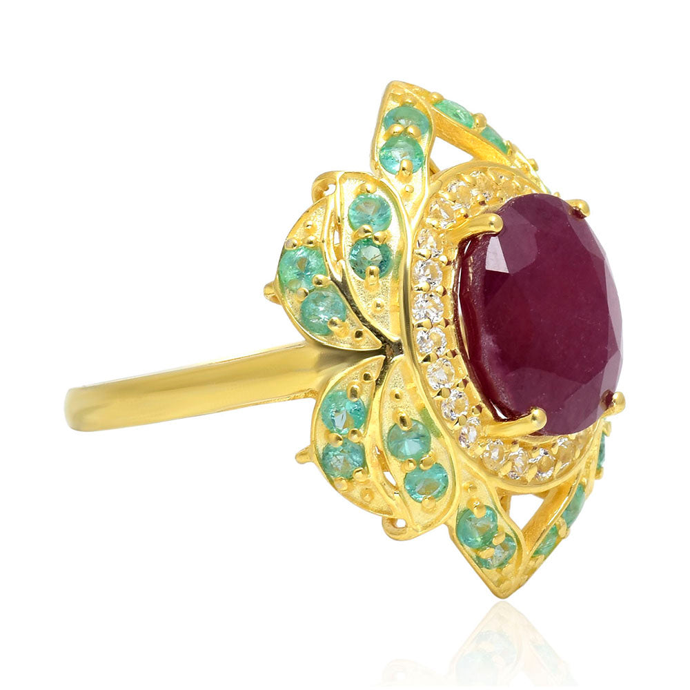Anillo de Plata Bañada en Oro con Rubí de Madagascar y Esmeralda de Brasil