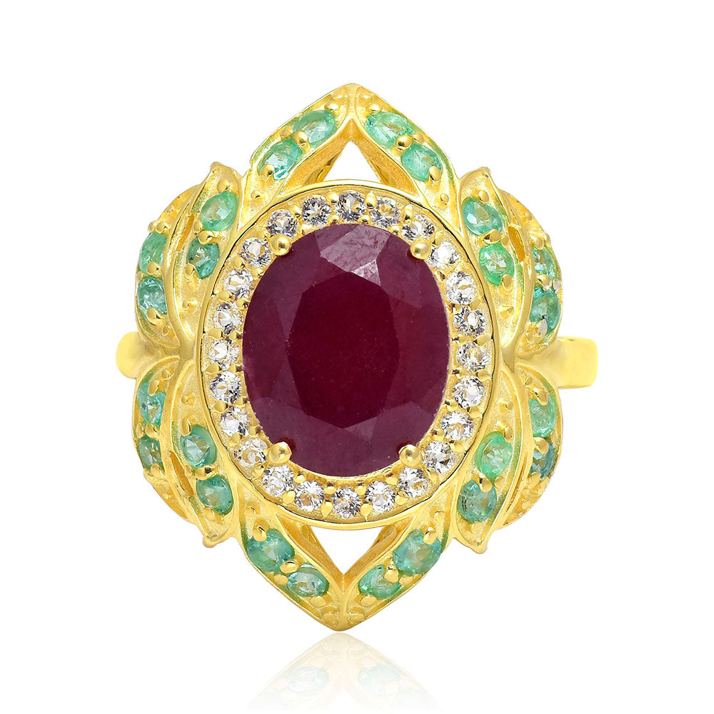 Anillo de Plata Bañada en Oro con Rubí de Madagascar y Esmeralda de Brasil 1 
