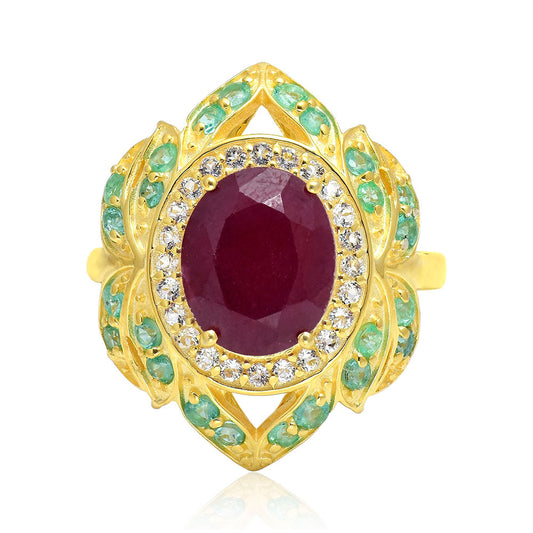 Anillo de Plata Bañada en Oro con Rubí de Madagascar y Esmeralda de Brasil