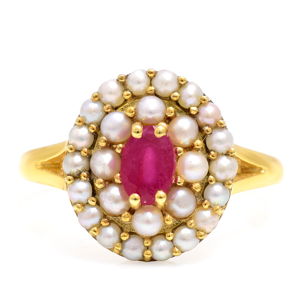 Anillo de Plata Bañada en Oro con Rubí de Madagascar y Perla blanca de agua dulce 3 