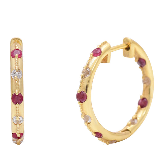 Pendientes de Plata Bañada en Oro con Rubí de Madagascar y Topacio Blanco