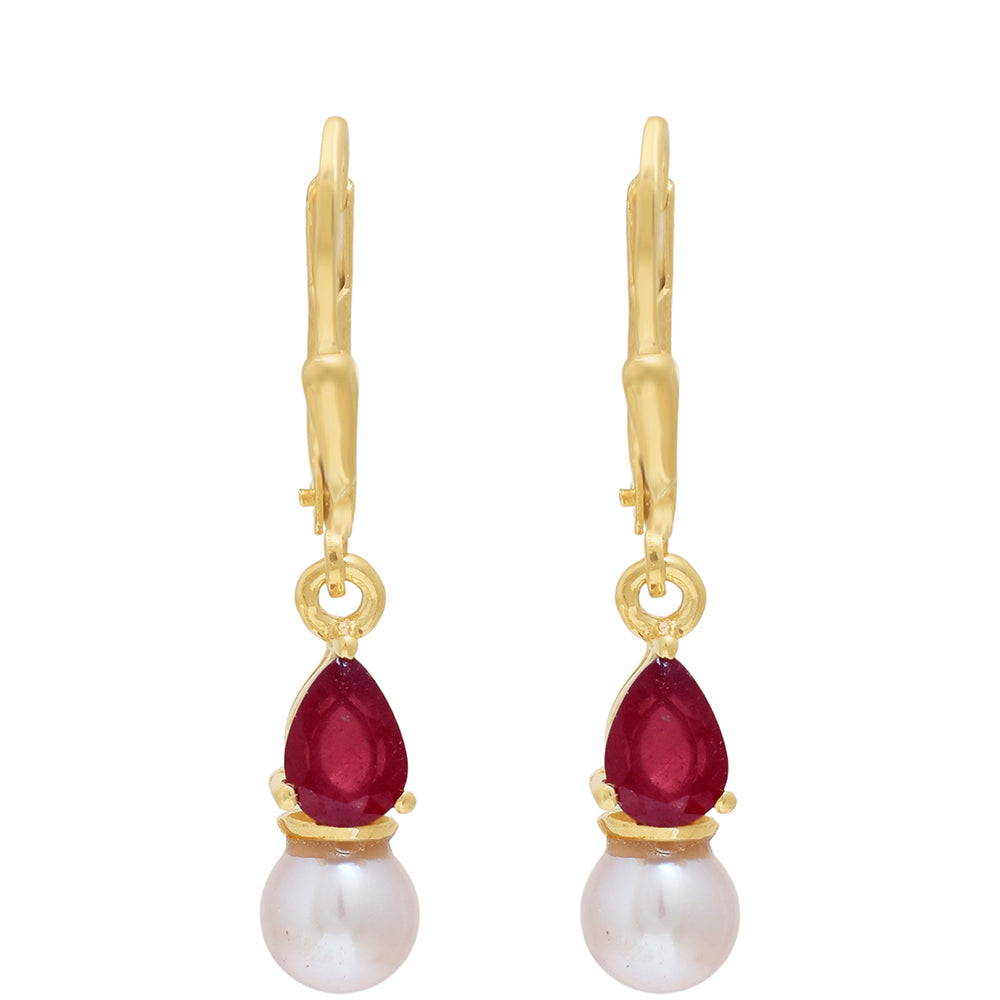 Pendientes de Plata Bañada en Oro con Rubí de Madagascar y Perla blanca de agua dulce