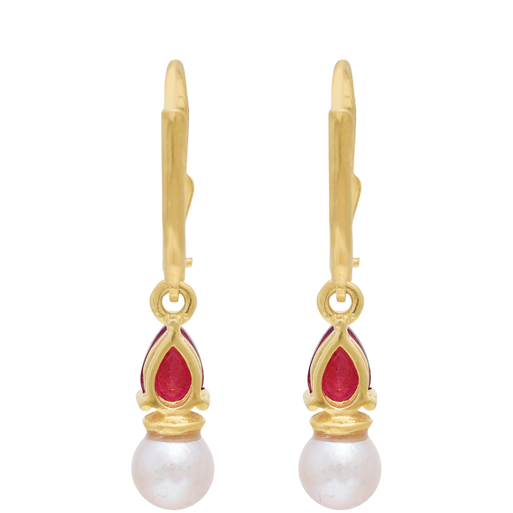 Pendientes de Plata Bañada en Oro con Rubí de Madagascar y Perla blanca de agua dulce 4 
