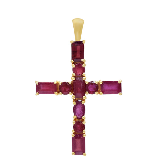 Cruz Colgante de Plata Bañada en Oro con Rubí de Madagascar