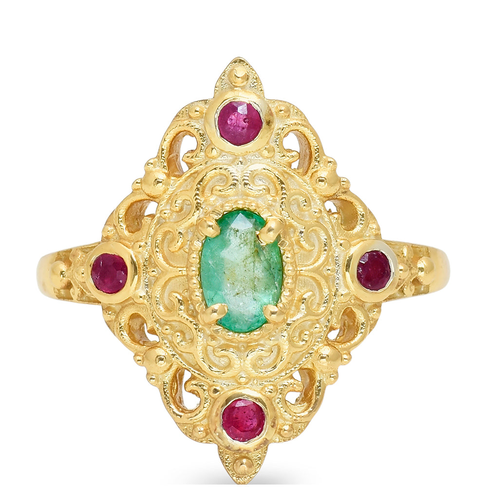 Anillo de Plata Bañada en Oro con Rubí de Madagascar y Esmeralda de Brasil