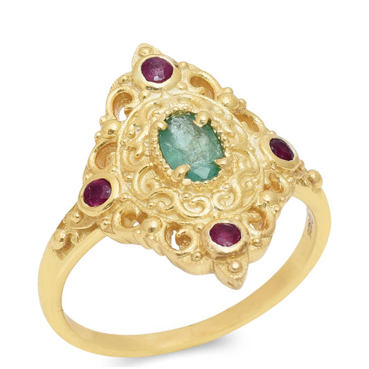 Anillo de Plata Bañada en Oro con Rubí de Madagascar y Esmeralda de Brasil