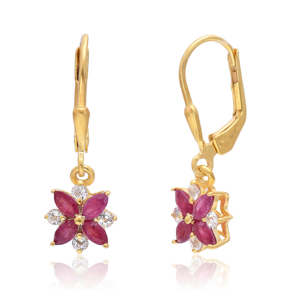 Pendientes de Plata Bañada en Oro con Rubí de Madagascar y Topacio Blanco 3 