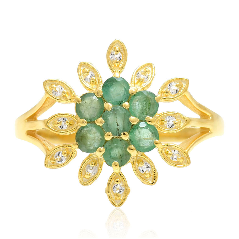 Anillo de Plata Bañada en Oro con Esmeralda de Brasil y Topacio Blanco