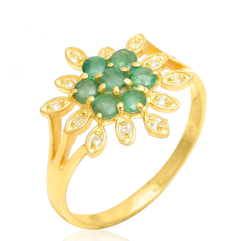 Anillo de Plata Bañada en Oro con Esmeralda de Brasil y Topacio Blanco 3 