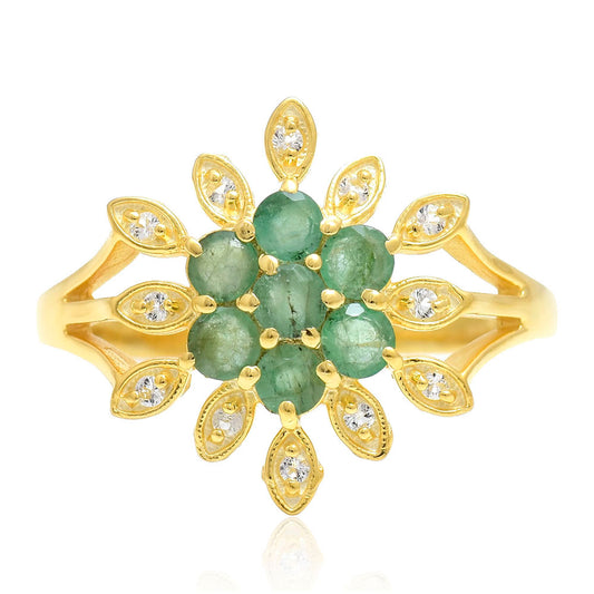 Anillo de Plata Bañada en Oro con Esmeralda de Brasil y Topacio Blanco