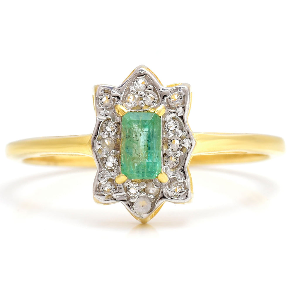 Anillo de Plata Bañada en Oro con Esmeralda de Brasil y Topacio Blanco