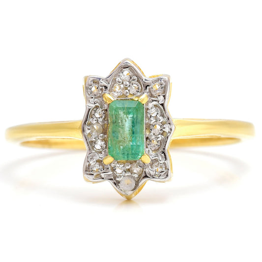 Anillo de Plata Bañada en Oro con Esmeralda de Brasil y Topacio Blanco