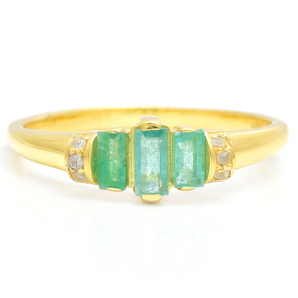 Anillo de Plata Bañada en Oro con Esmeralda de Brasil y Topacio Blanco 5 