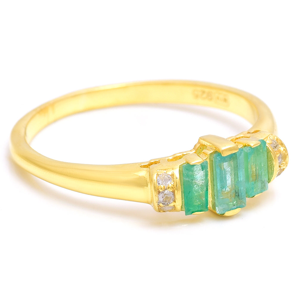 Anillo de Plata Bañada en Oro con Esmeralda de Brasil y Topacio Blanco 6 