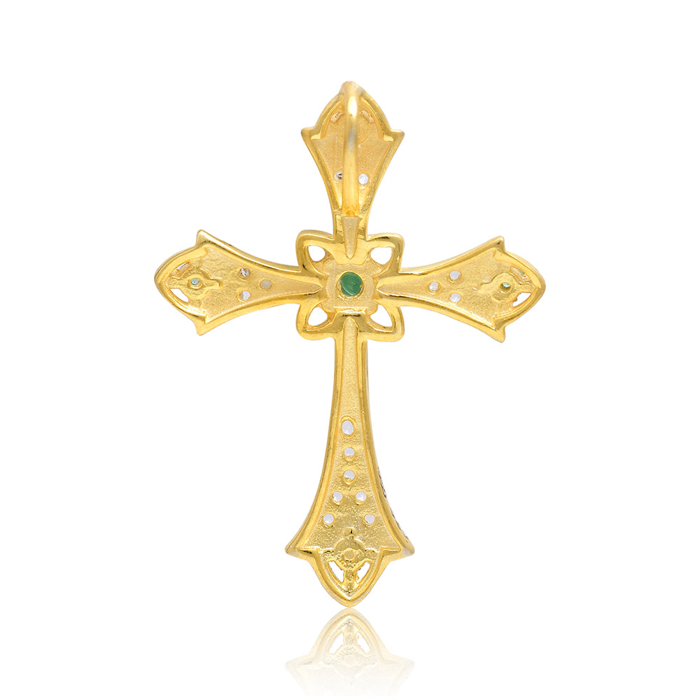 Cruz Colgante de Plata Bañada en Oro con Esmeralda de Brasil y Topacio Blanco