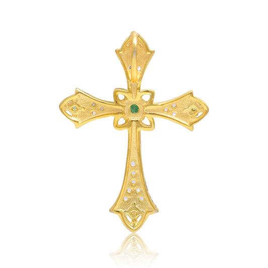 Cruz Colgante de Plata Bañada en Oro con Esmeralda de Brasil y Topacio Blanco