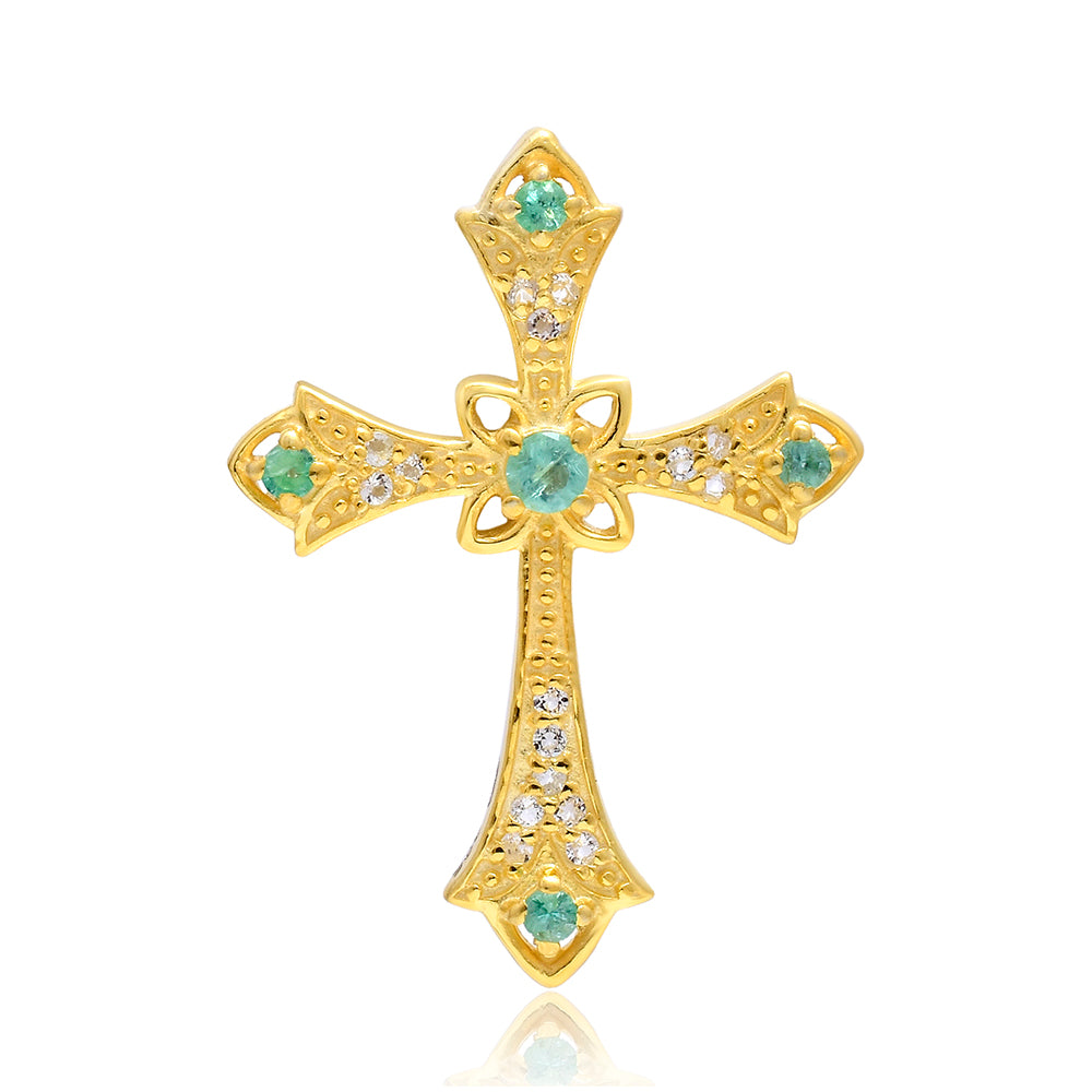 Cruz Colgante de Plata Bañada en Oro con Esmeralda de Brasil y Topacio Blanco 1 