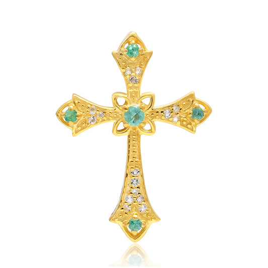 Cruz Colgante de Plata Bañada en Oro con Esmeralda de Brasil y Topacio Blanco