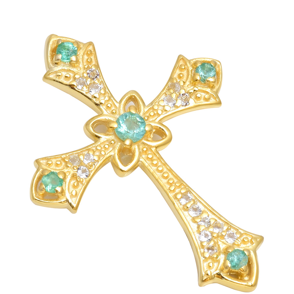Cruz Colgante de Plata Bañada en Oro con Esmeralda de Brasil y Topacio Blanco