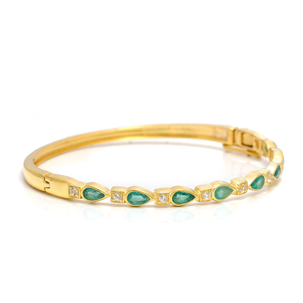Brazalete de Plata Bañada en Oro con Esmeralda de Brasil y Topacio Blanco 1 