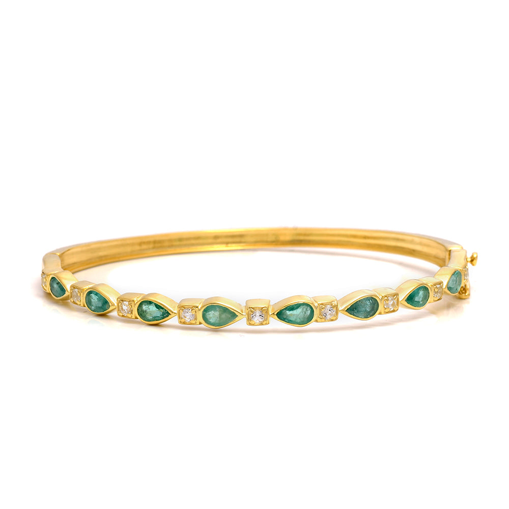 Brazalete de Plata Bañada en Oro con Esmeralda de Brasil y Topacio Blanco 2 