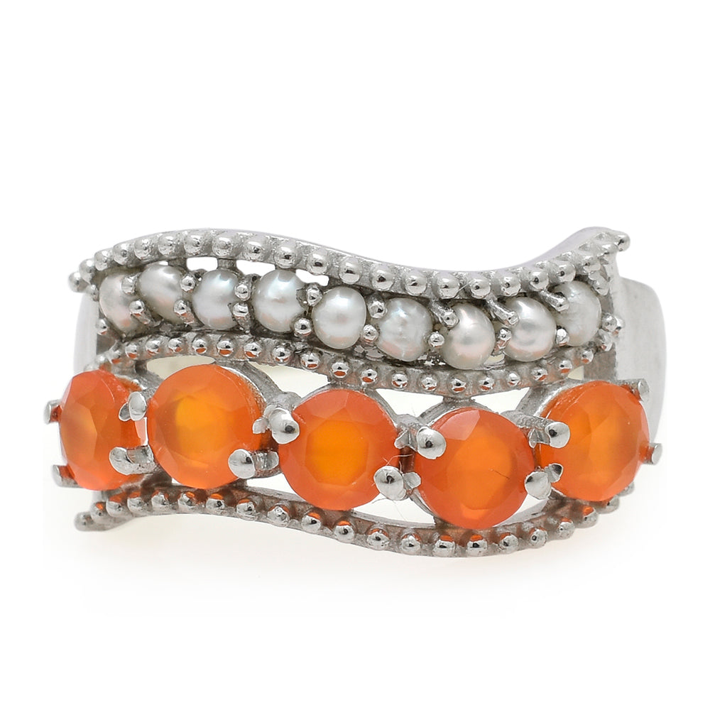 Anillo de Plata con Ágata Roja y Perla blanca de agua dulce