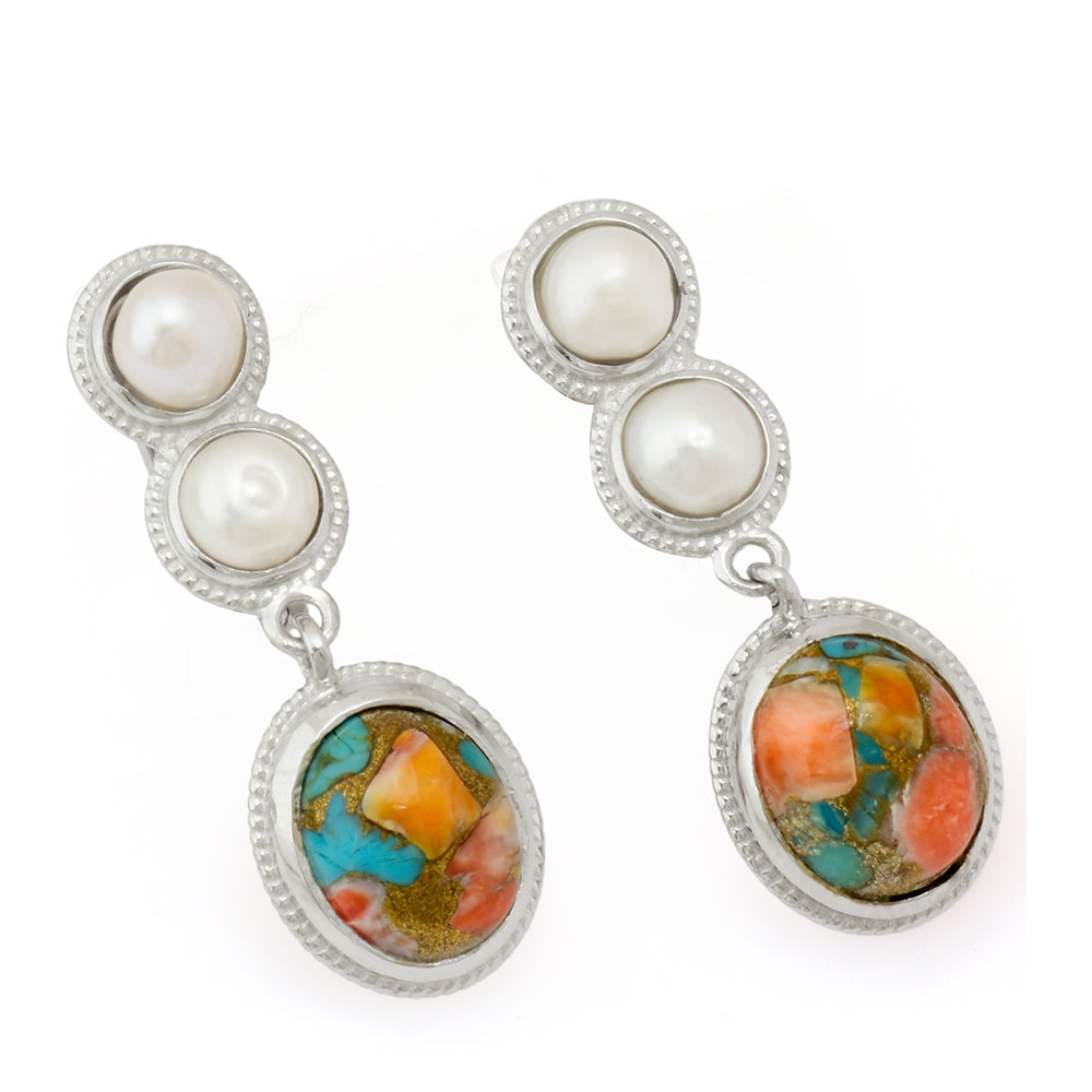 Pendientes de Plata con Turquesa Ostra y Perla blanca de agua dulce 2 
