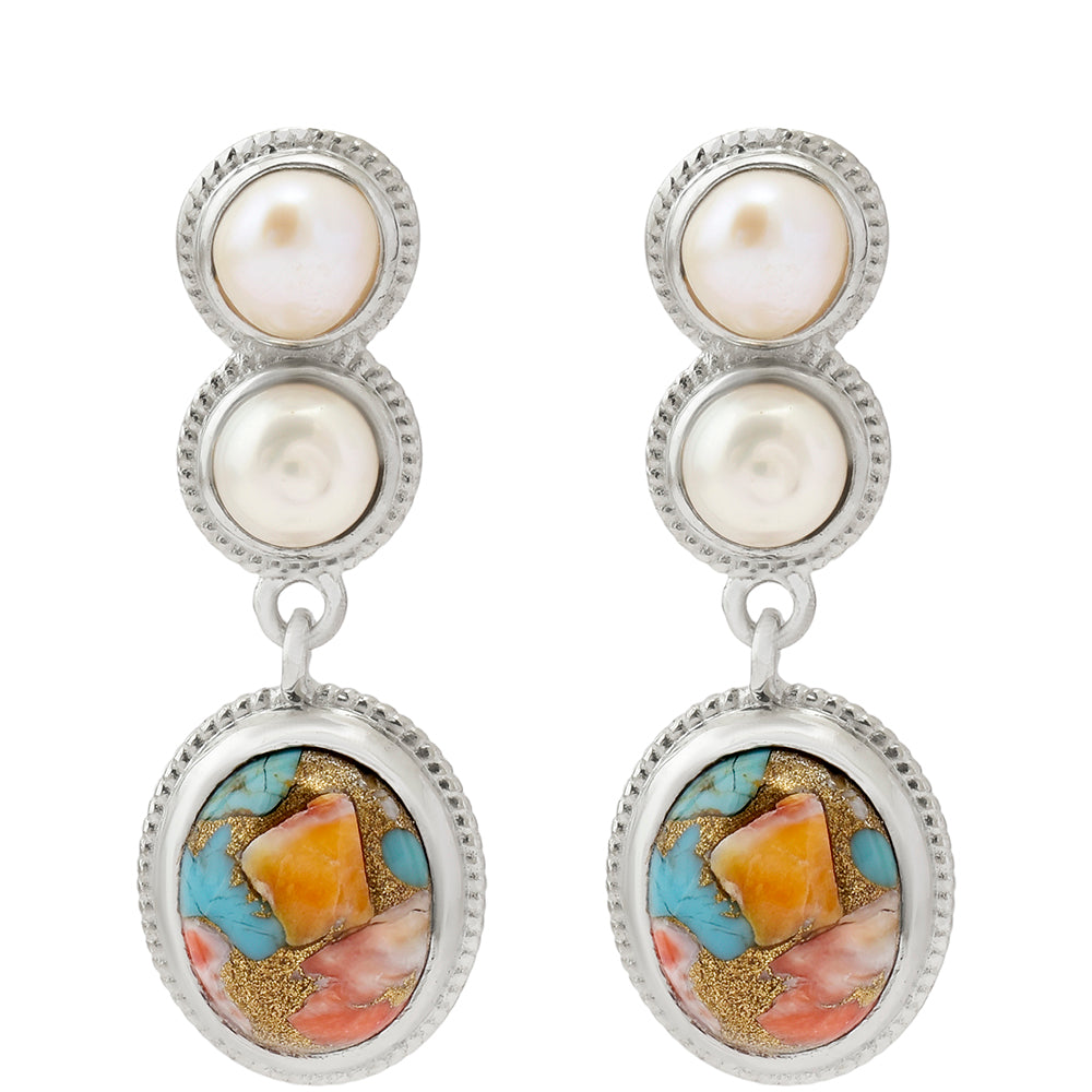Pendientes de Plata con Turquesa Ostra y Perla blanca de agua dulce 3 