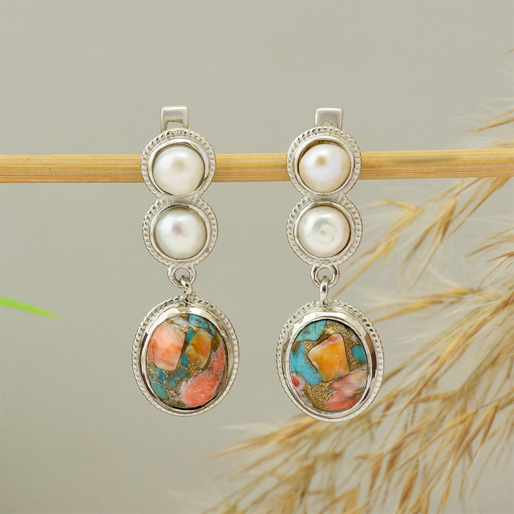 Pendientes de Plata con Turquesa Ostra y Perla blanca de agua dulce 1 