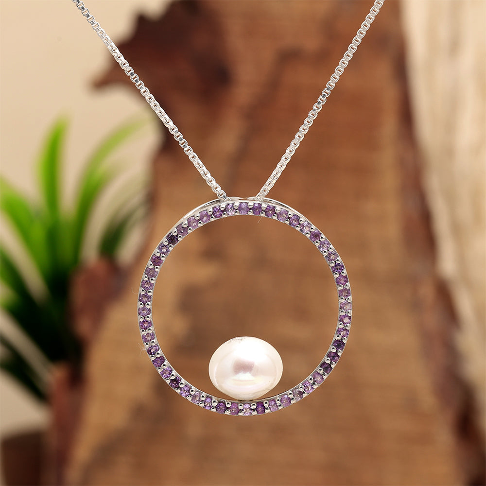 Colgante de Plata con Amatista de Brasil y Perla blanca de agua dulce