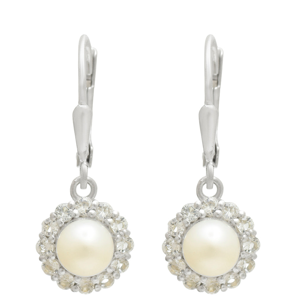 Pendientes de Plata con Perla blanca de agua dulce y Topacio Blanco 3 
