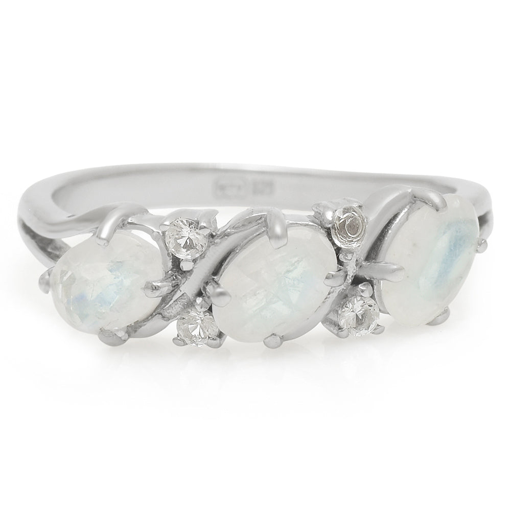 Anillo de Plata con Piedra Lunar Arco Iris y Topacio Blanco 1 
