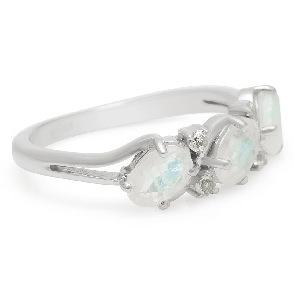 Anillo de Plata con Piedra Lunar Arco Iris y Topacio Blanco 3 