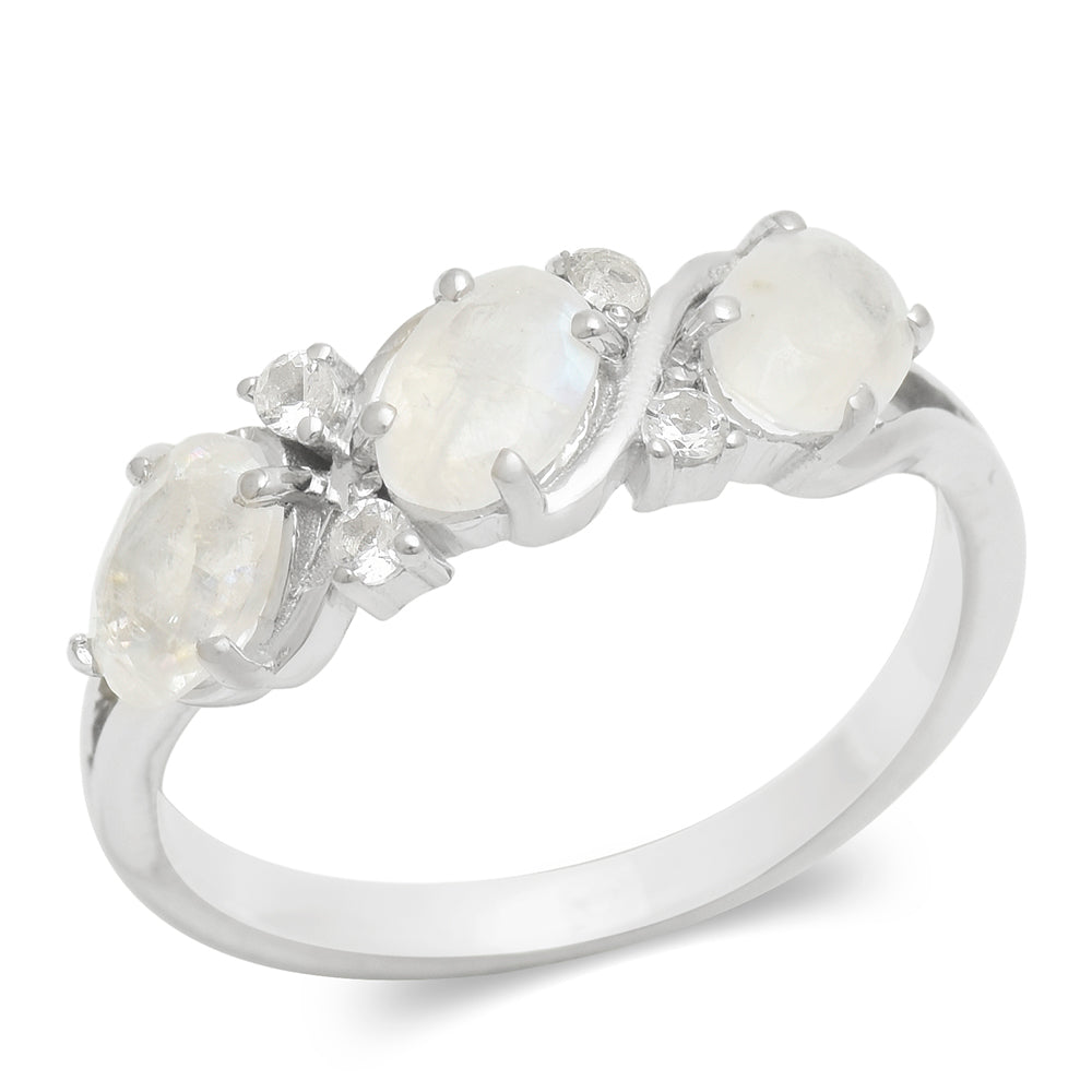Anillo de Plata con Piedra Lunar Arco Iris y Topacio Blanco